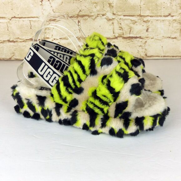 UGG Fluff Yeah Animalia Slippers Women 8 Neon Green Black Leopard Sandals Grunge - Picture 2 of 15